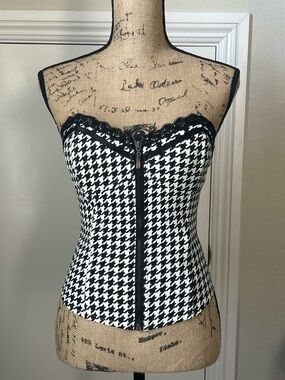 Black and White Houndstooth Zip-Front Corset Top, cotton blend